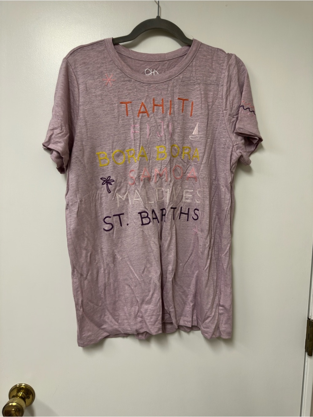 Anthropologie Lavender Graphic Destination Tee with Multicolor Embroidery